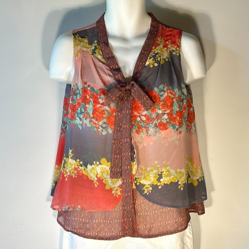 Signature Studio SZ M Ivory Colorful Bow Button Front Top Romantic Casual Dressy